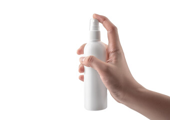 Hand holding Spray bottle and peat Isolated on transparent or white background