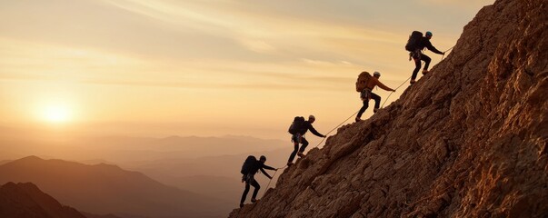 A group of climbers ascending a rocky mountain at sunset, showcasing teamwork and adventure in stunning outdoor scenery.