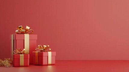 Red and gold Christmas gift boxes with golden ribbons, 3D illustration