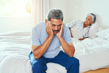 Bedroom, argument and senior couple with stress, home and sad with divorce, frustrated and...