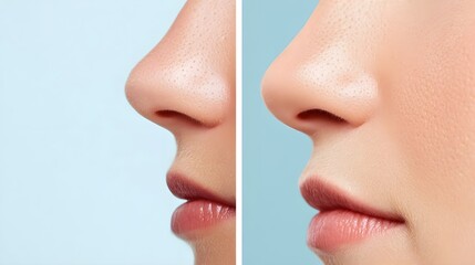 Obraz premium Close-up of nose showing blackhead removal before-and-after, pores transitioning from clogged to clean and refined, Photorealistic, High Detail