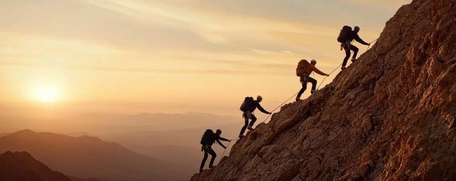 A group of climbers ascending a rocky mountain at sunset, showcasing teamwork and adventure in stunning outdoor scenery.