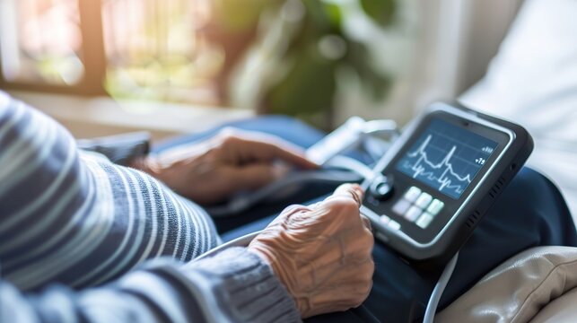Close-up of an elderly person using a portable ECG device to monitor heart health at home. Medical, healthcare, senior care,technology, digital health,nursing home,electrocardiogram,health monitoring