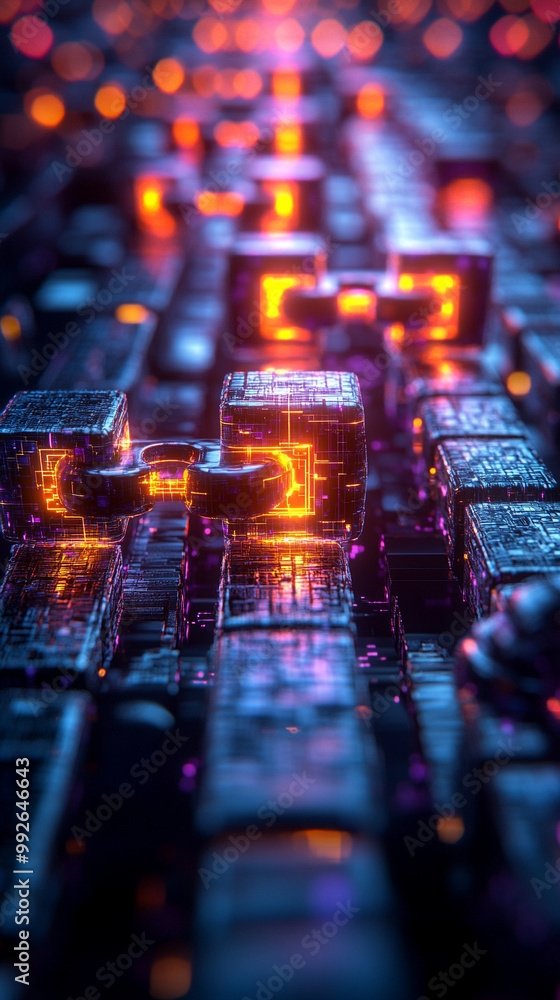 Poster abstract representation of blockchain and online storage technology, showcasing interconnected blocks and digital patterns, symbolizing security, transparency, and the future of data management