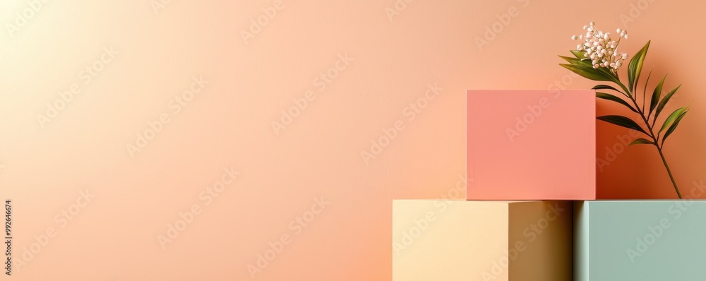 Poster a minimalist display of colorful geometric boxes with a green plant against a soft peach background,