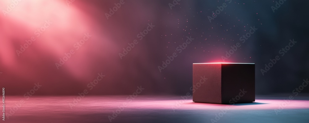 Poster a minimalistic black cube illuminated by soft red and blue lights, creating an atmospheric and capti