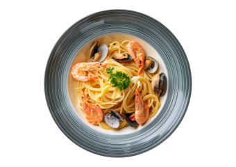 Seafood pasta top view full length no white color Isolated on transparent or white background