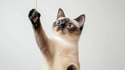 Siamese cat twisting in mid-air, reaching for a dangling string, acrobatic cat, graceful, dynamic