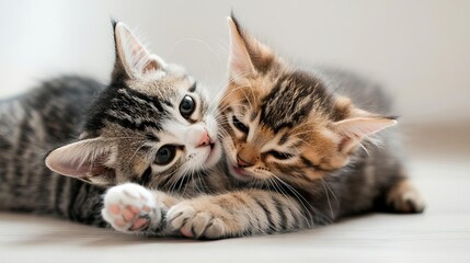 Fototapeta premium Two cats playfully wrestling, paws tangled in motion, playful wrestling, cute, energetic