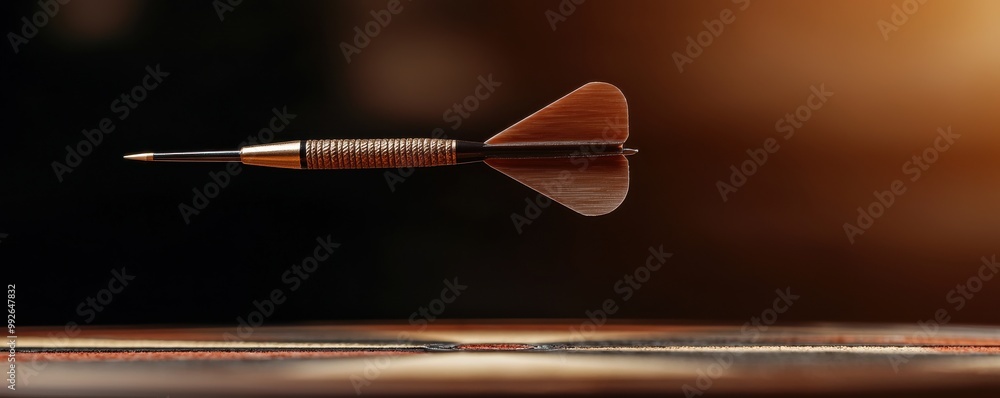Poster a perfectly balanced dart mid-flight, showcasing precision and focus in a dynamic dart game environm
