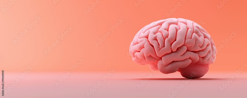 Poster A realistic pink brain model on a soft gradient background, symbolizing creativity, knowledge, and cognitive processes.