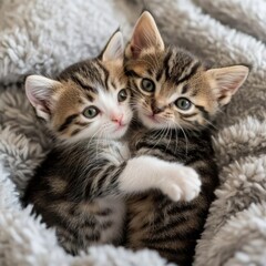 Fototapeta premium Two kittens playfully wrestling on a fluffy blanket, kitten wrestle, cute, energetic