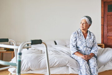 Retirement, senior woman or thinking on bed with pleasant memory, peace or space in bedroom. Reflection, calm or elderly person with disability in nursing home for rehabilitation, comfort or daydream