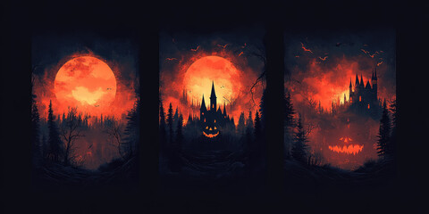 Halloween poster design collection. Set of banners for a spooky october halloween party - Generative AI