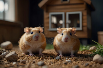 Two cute hamsters wearing T shirts and sport shirts ,with sun glass and normal glass ,playing in their tiny playground