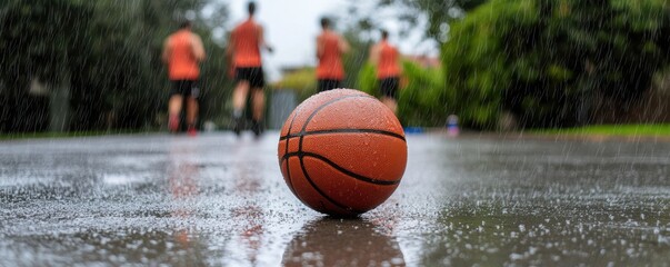 A vibrant basketball rests on a wet court, while players practice in the background under overcast skies.