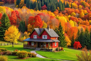 A charming house, enveloped by brilliant autumn colors, stands quietly in a stunning natural landscape, showcasing the