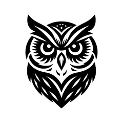 Vector logo of an owl head isolated on a white background. Can be used for logos, tattoos, emblems.