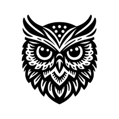 Vector logo of an owl head isolated on a white background. Can be used for logos, tattoos, emblems.