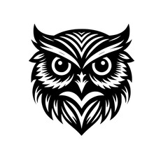 Vector logo of an owl head isolated on a white background. Can be used for logos, tattoos, emblems.