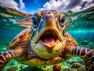Fototapeta premium A close-up reveals the turtle's mouth, showcasing its intricate textures and rich natural colors amidst the serene