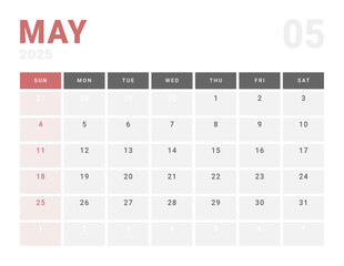 Monthly page Calendar Planner Template of May 2025. Vector layout of calendar with week start Monday for Scheduling. Page for size A4 or 21x29.7 cm