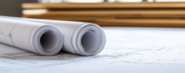 rolled architectural blueprints on a table, showcasing detailed plans and designs for construction and engineering.