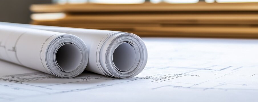 rolled architectural blueprints on a table, showcasing detailed plans and designs for construction and engineering.