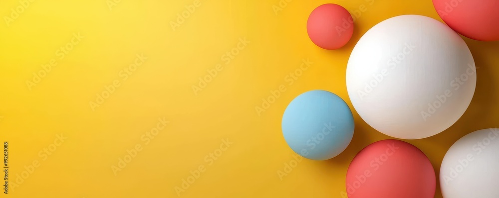Poster colorful spheres on a vibrant yellow background, creating a playful and dynamic composition that att