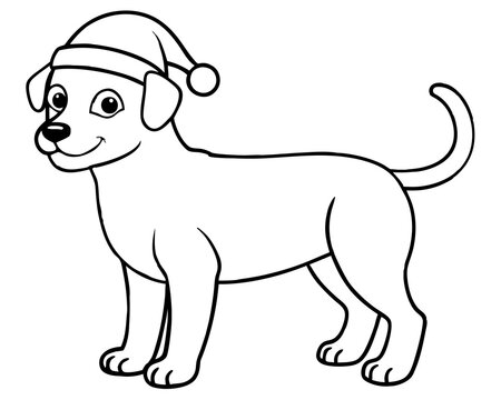 recommend clip art: coloring page for kids, bold line art, Christmas dog with a Santa clue hat line art
