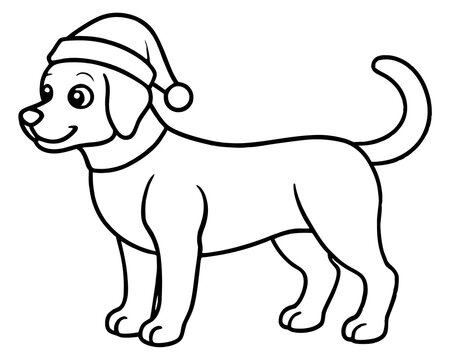 recommend clip art: coloring page for kids, bold line art, Christmas dog with a Santa clue hat line art