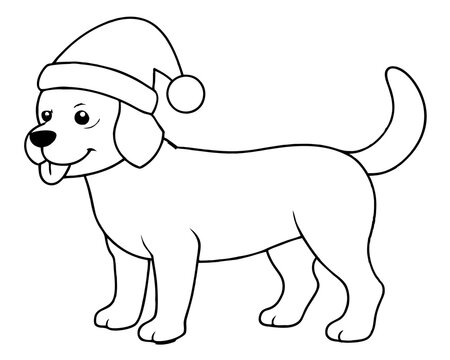 recommend clip art: coloring page for kids, bold line art, Christmas dog with a Santa clue hat line art