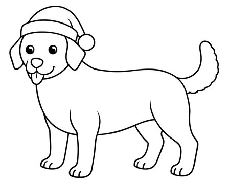 recommend clip art: coloring page for kids, bold line art, Christmas dog with a Santa clue hat line art