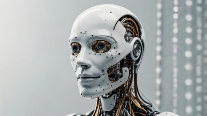 A humanoid robot with intricate circuitry stands in a futuristic environment, showcasing advanced technology and design