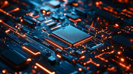 Obraz premium Close-Up of Intricate AI Computer Chips with Glow.