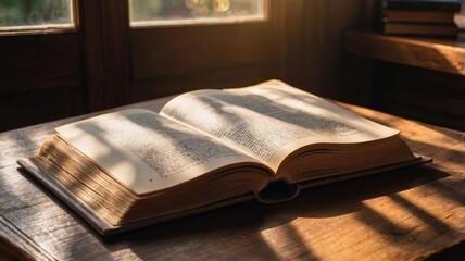 Open book on wooden table near window with sunlight. Quiet, cozy, secluded reading corner
