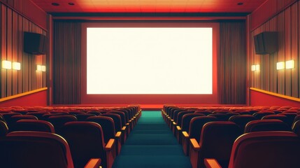 Obraz premium AI illustration of a movie theater with retro-style seats and a blank white screen. No people, no logos.