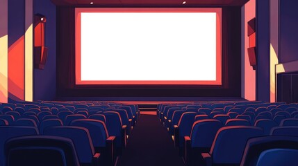 Obraz premium AI illustration of a movie theater with retro-style seats and a blank white screen. No people, no logos.