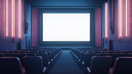 Fototapeta premium AI illustration of a movie theater with stadium seating and a white screen. No people, no logos.