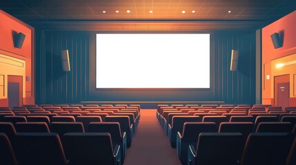 Fototapeta premium AI illustration of a movie theater with stadium seating and a white screen. No people, no logos.