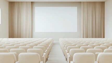 AI illustration of a theater with rows of cream-colored seats and a blank white screen. No people, no logos.