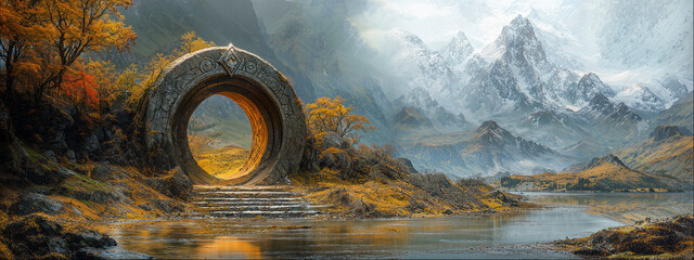 Temple gate, ancient ruins old civilization in the beautiful forest, high resolution panorama