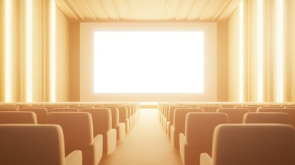 AI illustration of a theater with rows of cream-colored seats and a blank white screen. No people, no logos.
