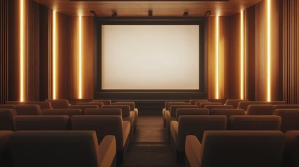 Fototapeta premium AI-generated cinema with wooden walls, beige seats, and a blank white screen. No people, no logos.