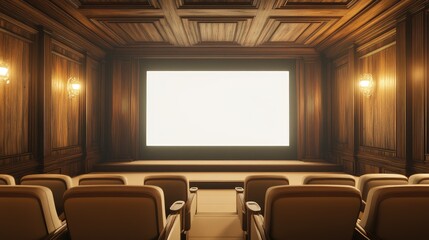 AI-generated cinema with wooden walls, beige seats, and a blank white screen. No people, no logos.