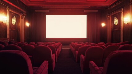Fototapeta premium AI-generated illustration of a luxury theater with plush velvet seats and a large white screen. No people, no logos.