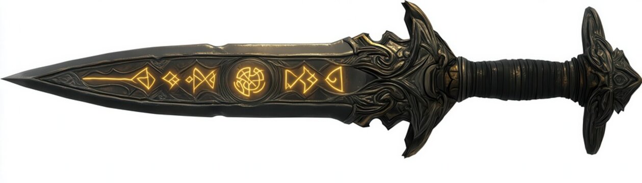 A beautifully crafted fantasy dagger featuring intricate designs and a dark metallic finish, perfect for art and gaming themes.
