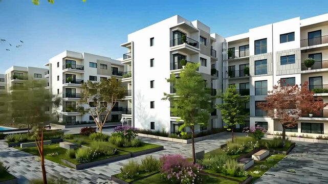 3D animated tour inside luxury appartment complex with pool