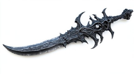 A detailed black fantasy sword featuring intricate designs and a curved blade, perfect for artistic and thematic representations.