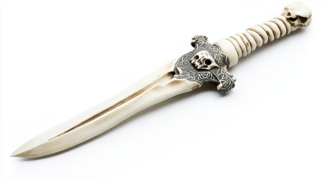 A detailed dagger with a skull handle and ornate design, perfect for Halloween, fantasy themes, or decorative purposes.